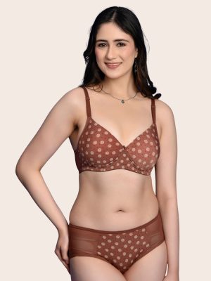 Softdots Women’s Brown Printed Lightly Padded Non-Wired Bra & Panty Lingerie Set