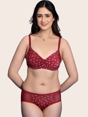 Softdots Women’s Maroon Printed Lightly Padded Non-Wired Bra & Panty Lingerie Set