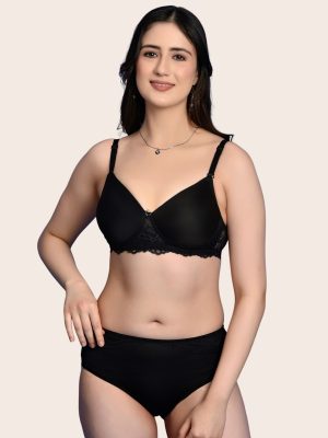Softdots Women’s Black Solid Lightly Padded Non-Wired Bra & Panty Lingerie Set