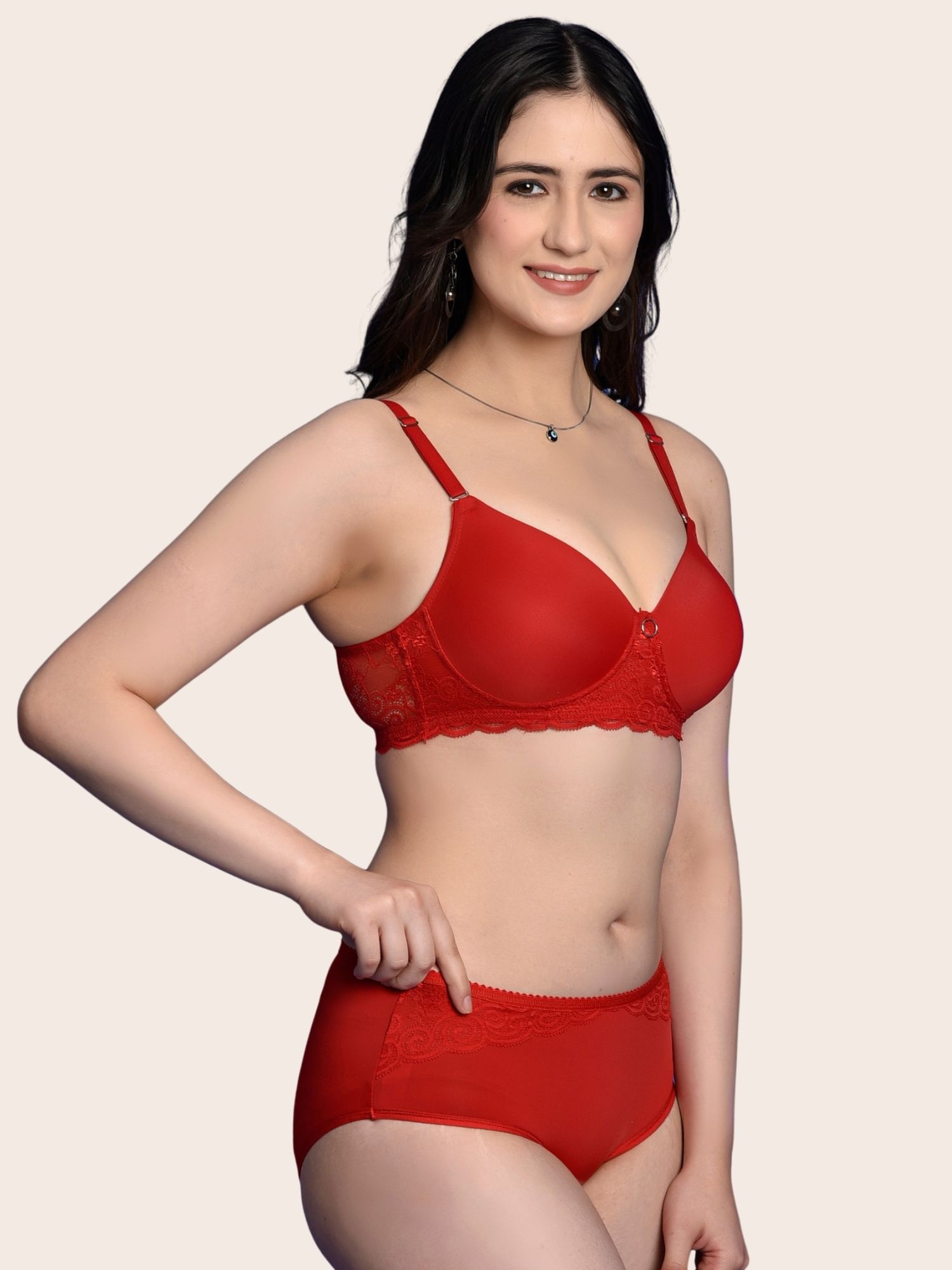 Softdots Women’s Red Solid Lightly Padded Non-Wired Bra & Panty Lingerie Set - Image 2