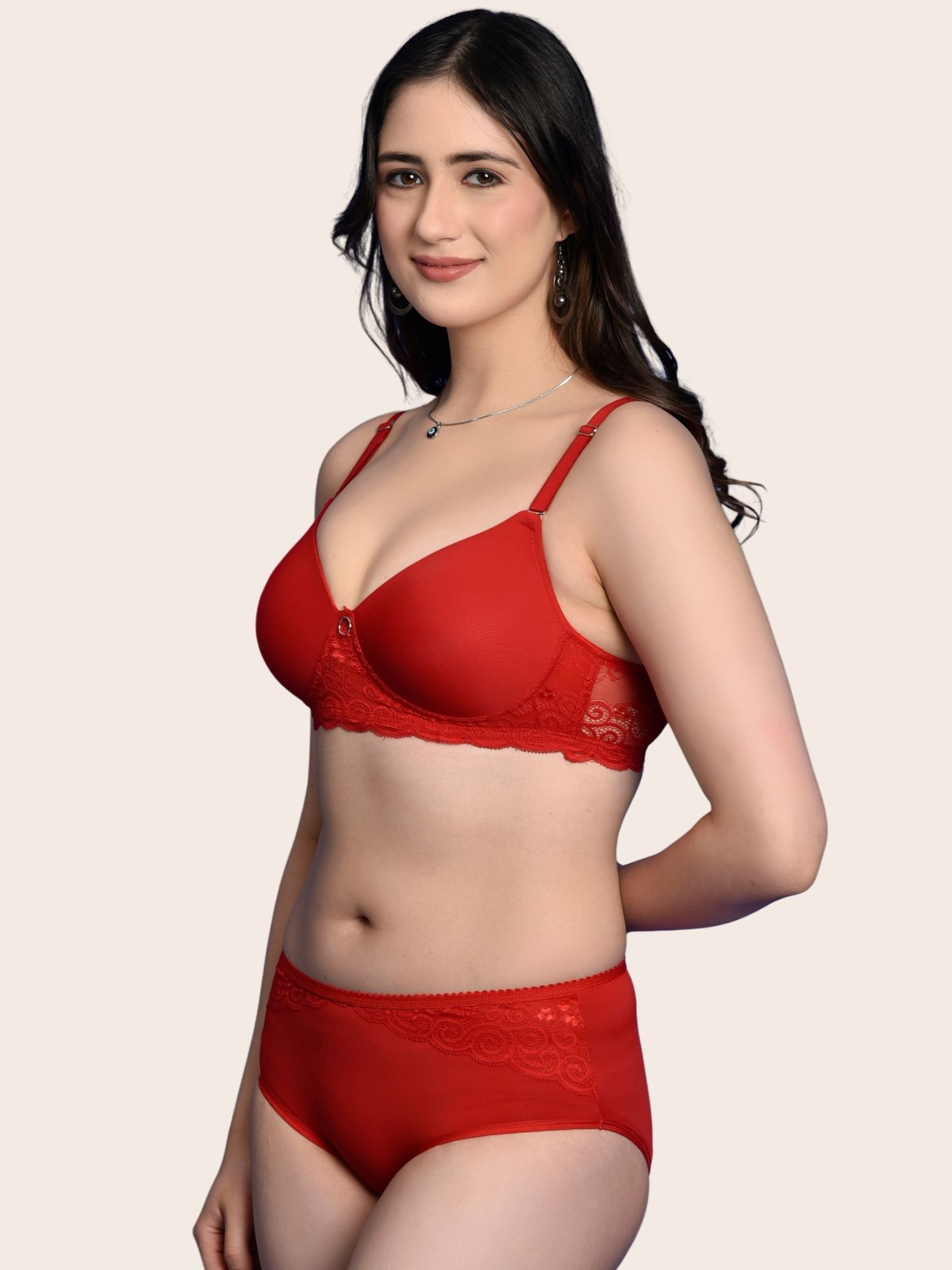 Softdots Women’s Red Solid Lightly Padded Non-Wired Bra & Panty Lingerie Set - Image 3