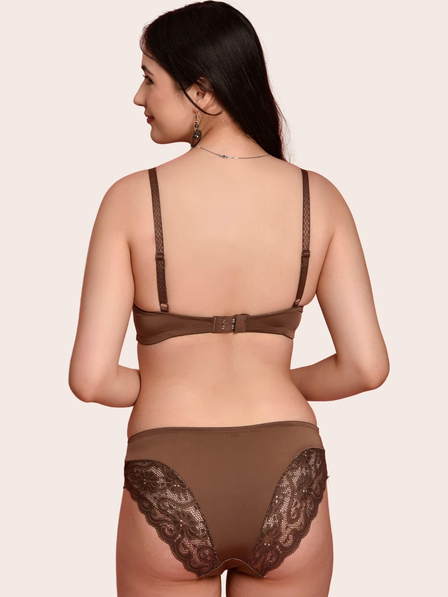 Softdots Women’s Brown Lace Detail Lightly Padded Non-Wired Bra & Hipster Panty Lingerie Set - Image 4