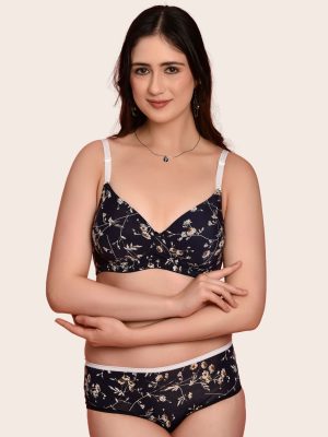 Softdots Women’s Navy Blue Floral Print Lightly Padded Non-Wired Bra & Panty Lingerie Set