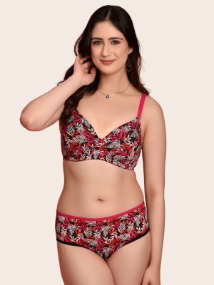 Softdots Women’s Pink Tropical Print Lightly Padded Non-Wired Bra & Panty Lingerie Set